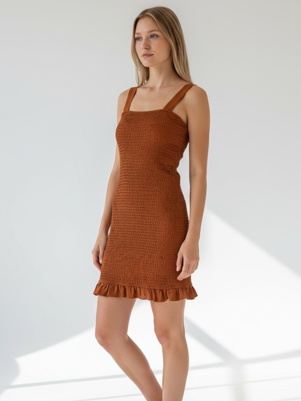 Storia Rust Smocked Mini Dress with Ruffle Hem
